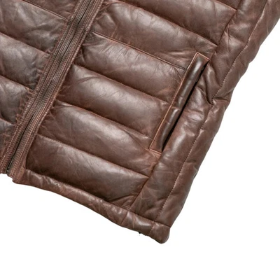 Mens Brown Real Leather Puffer Vest Quilted Winter Warm Biker Gilet Waistcoat - Image 1 of 4