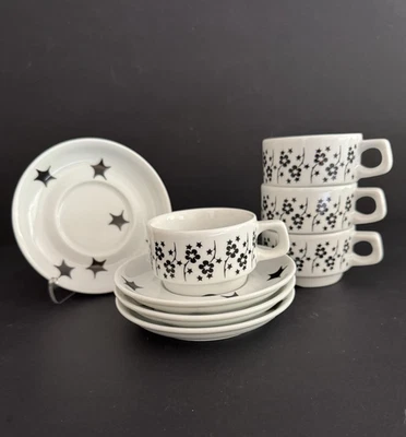 Set Of 4 notNeutral Espresso Cups & Saucers Black White Star Flower Floral - Image 1 of 4