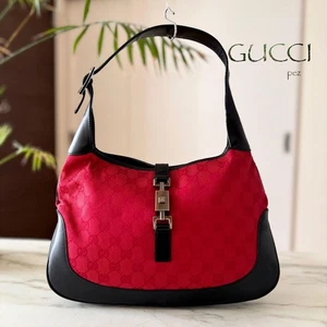 Gucci Schultertasche Handtasche rot schwarz Jackie GG Canvas Leder gebraucht echt - Bild 1 von 7