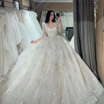 Luxury Sweetheart Long Sleeve Wedding Dresses Embroidered Lace Beaded  - Image 1 of 4