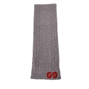 NEU $ 395 GUCCI grau meliert 100 % Wolle ZOPFMUSTER ROT GG LOGO 55" langer Schal Neu mit Etikett - Bild 1 von 14