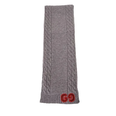 NEW $395 GUCCI Gray Heather 100% Wool CABLE KNIT RED GG LOGO 55" Long SCARF NWT - Image 1 of 4