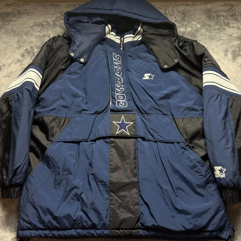Chaqueta acolchada vintage de los Dallas Cowboys para hombre grande azul Starter NFL Pro Line con capucha Foto 1 de 4