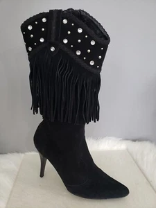 Colin Stuart Heel Rhinestone Western Fringe Cowboy Cowgirl Boots Y2k Suede 90s - Picture 1 of 10