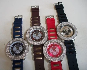 MEN'S TECHNO KING STONES BLACK, RED, BROWN & BLUE SILICONE BAND HIP HOP WATCH - Picture 1 of 32