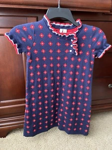 Janie And Jack Girls Size 5 Navy Blue Red White Flower Ruffle Sweater Dress - Picture 1 of 6