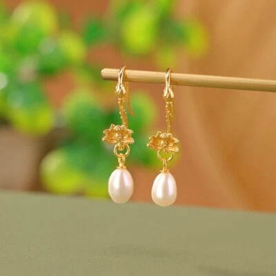 F02 Orecchini Foglia Con Pendente Perla Argento Sterling 925 Placcato Oro - Immagine 1 di 4