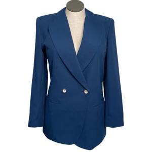 Vtg Adolfo Atelier Womens Double Breasted Blazer 8 Blue Lined Shoulder Pads - Picture 1 of 9