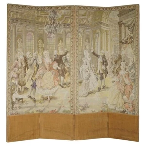ORIGINAL ANTIQUE VICTORIAN TAPESTRY FOUR PANEL FOLDING SCREEN OF NOBLES DANCING - Picture 1 of 19