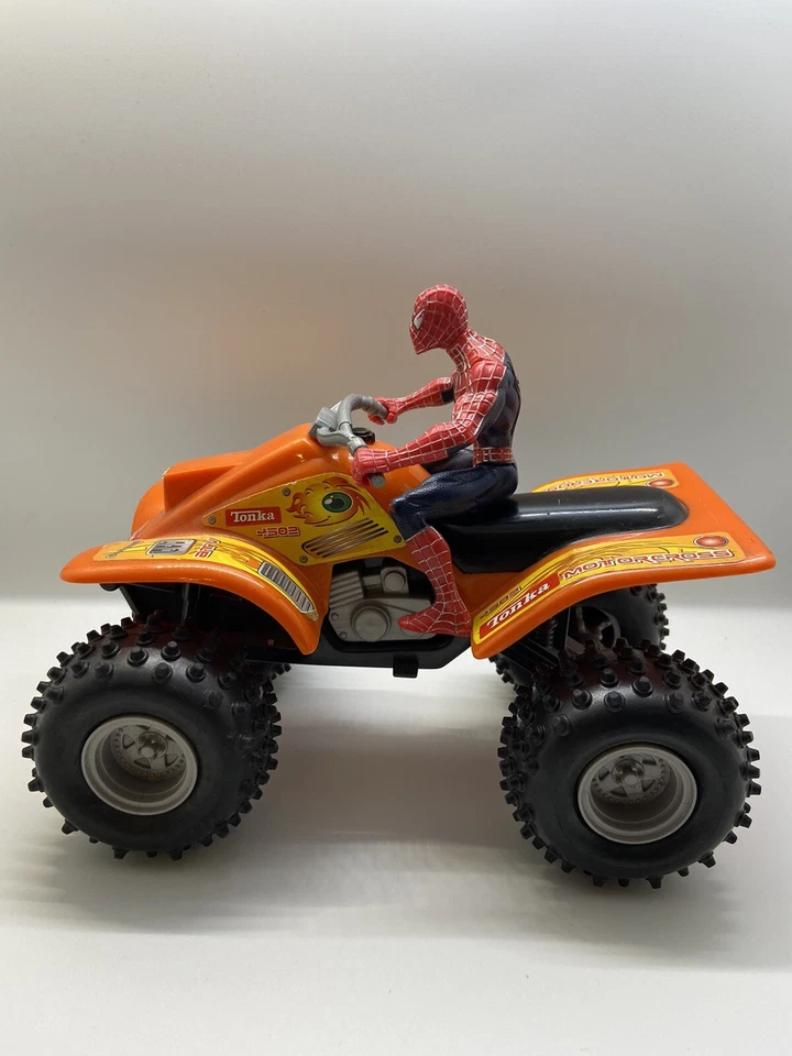 3.5" Spider-Man Figure Riding Position with 2002 Tonka ATV 4502 Motocross. Used. - Image 1 of 4