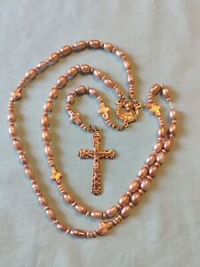 Peach Cream Real Pearl Gold Plate Rosary Necklace Cross Shaped Baroque Catholic 