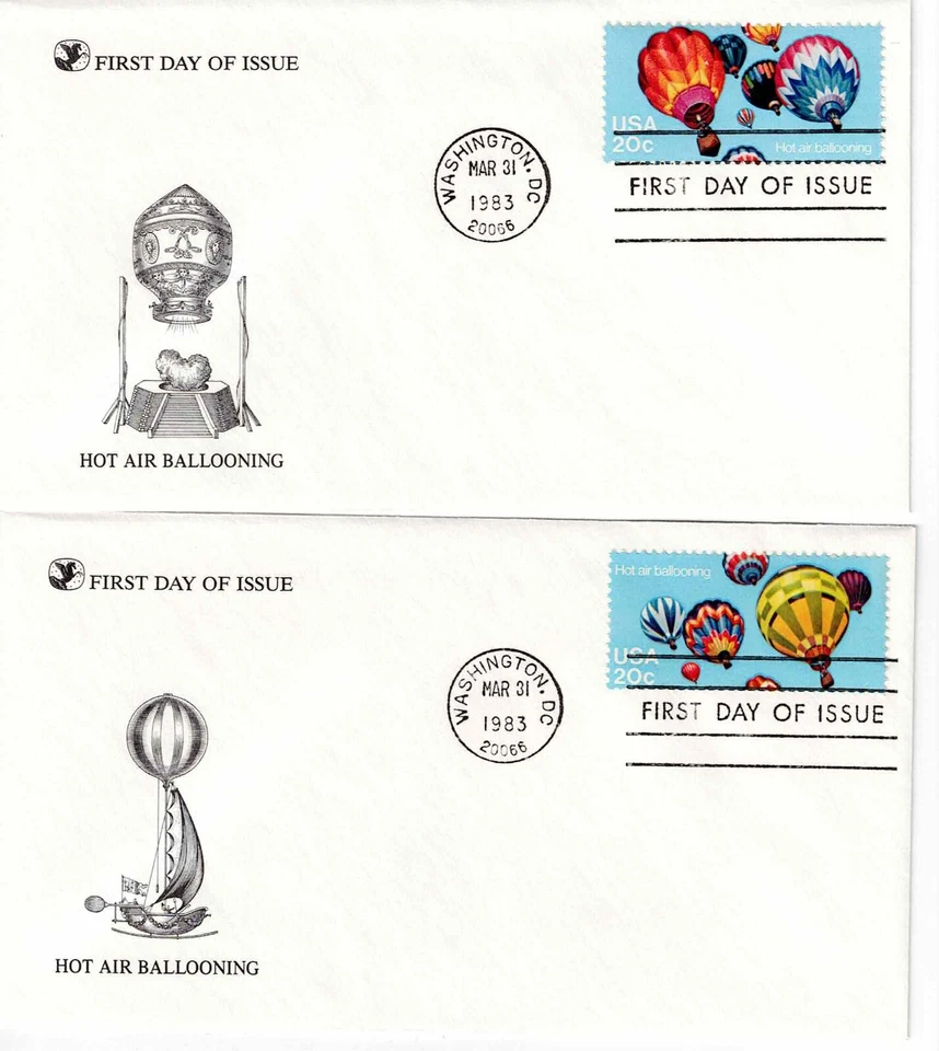 US Scott #2032-35, First Day Covers 3/31/83 Washington Single Hot Air Balloon - Image 1 of 2