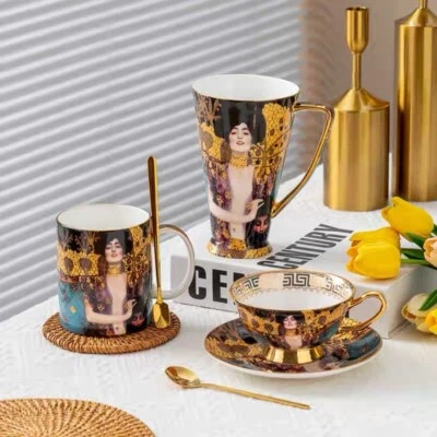 Taza y platillo de porcelana Gustav Klimt taza de café arte Judith pintura té de leche Foto 1 de 4