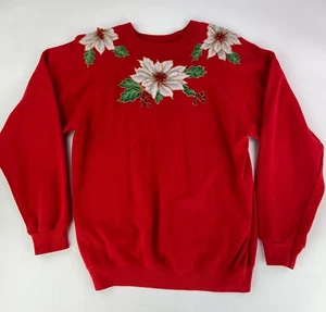 VTG WMS Hanes SZ L Christmas Sweatshirt Metallic Embroidered Beaded Poinsettia - Picture 1 of 6