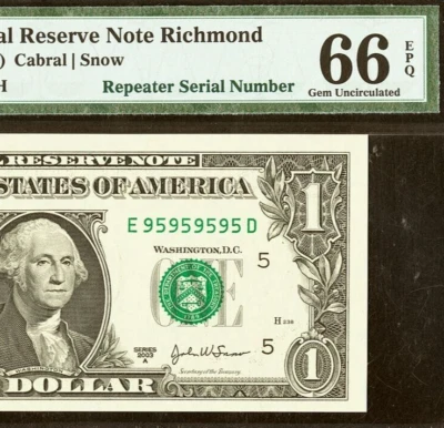 2003A $1 FRN PMG 66EPQ - Birthday Super Repeater Serial 95959595 Rare! - Image 1 of 3