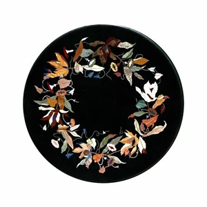 12" black round Marble Coffee Table Top Pietra Dura Inlay Living Room antique k7 - Picture 1 of 2