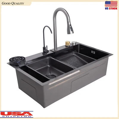 Fregadero de cocina cascada de acero inoxidable para lluvia voladora de 29,5" con grifo cuenco individual Foto 1 de 4