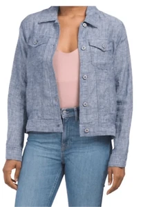 Jones & Co. Jones New York Womens Linen Button Front Trucker Jacket Blue Size 2X - Picture 1 of 10