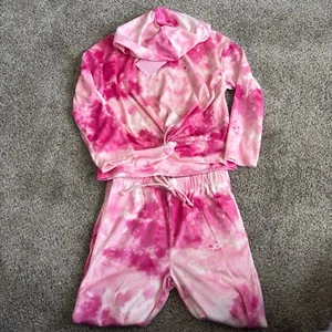 Love Squared Girls Pink Tie Dye Hooded Front Knot Velour Lounge Sweatsuit SZ. 10 - Picture 1 of 4