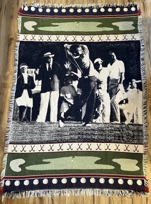Vintage Golf Themed Tapestry Woven Fringe Blanket Retro Golf Clubs Wall Hanging - Image 1 of 4