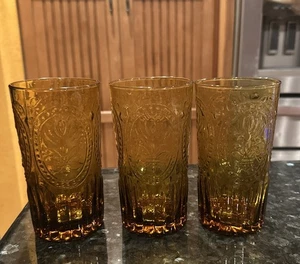 Anthropologie Fleur De Lis Amber Glass Tumbler Barware 20 oz 6 1/2 Lot Of 3 - Picture 1 of 6