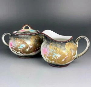 Old Nippon Dragon Sugar Bowl & Creamer – Gilded Porcelain with Jewel Eyes - Picture 1 of 20