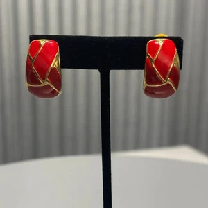Pendientes Clip Vintage Esmalte Rojo Mujer Tono Dorado Diseño Geométrico Abstracto - Imagen 1 de 7