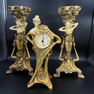 Juego de muebles de reloj de manto estilo Art Nouveau vintage color dorado 13" de alto - Imagen 1 de 9