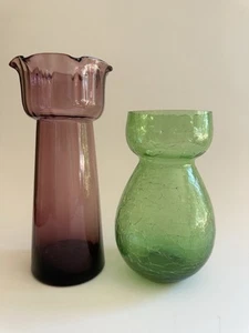 Vtg Hand Blown Glass Hyacinth Vases Set 2 Amethyst Purple Green Crackle - Picture 1 of 17