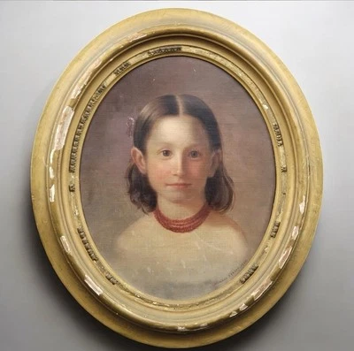 Antiguo retrato artístico de la era de la Guerra Civil Americana del siglo XIX PINTURA AL ÓLEO NIÑA - firmado Foto 1 de 4