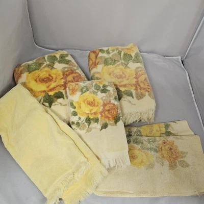 Juego de toallas de baño vintage con flecos de algodón amarillo rosa patrón EE. UU. 6 piezas Foto 1 de 4
