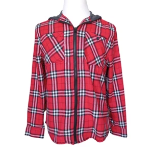 DRL Essentials Mens Plaid Flannel Hood Shirt Sz M Red Black Buffalo Plaid Zip Up - Picture 1 of 12