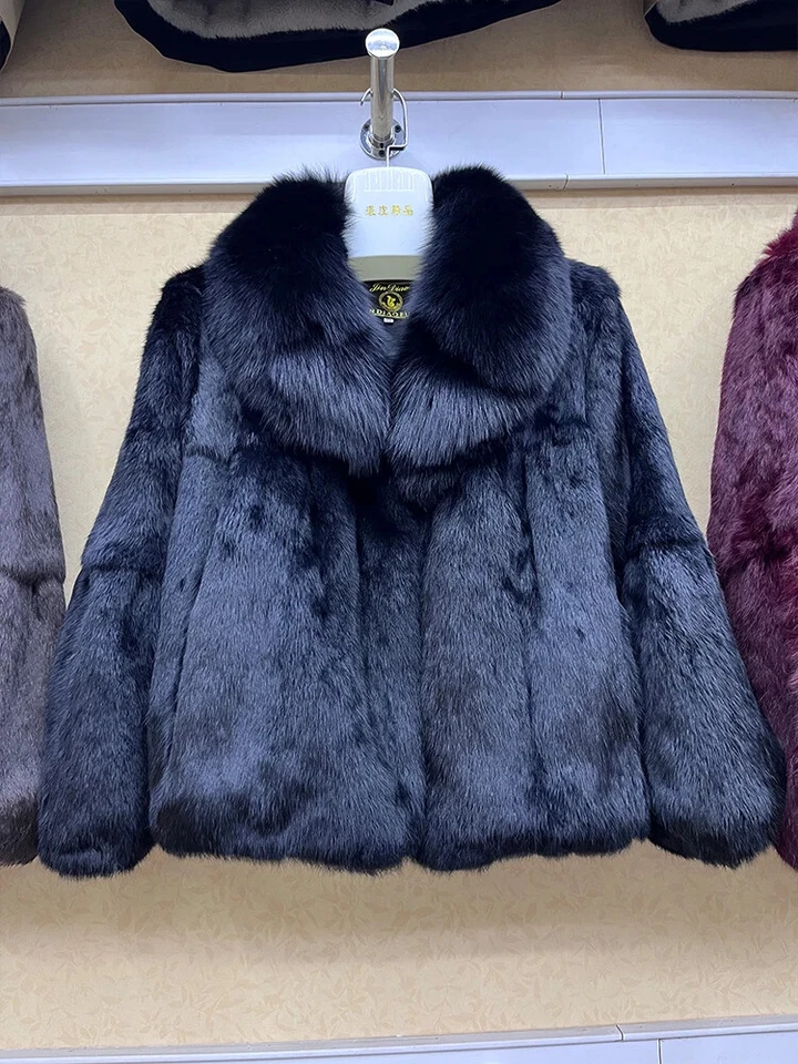 Real Rabbit Fur Coat with Fox Fur Collar Jacket Full Pelt Rabbit Fur Overcoat - Image 1 of 4