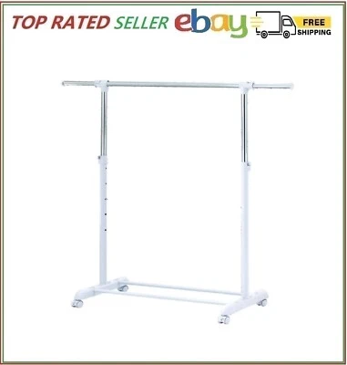 Clothing Rail Adjustable Height Wheels Rolling Garment Rack Metal Chrome, White - Image 1 of 4
