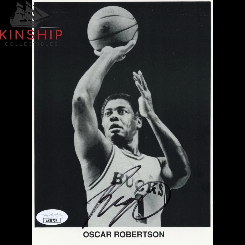 Oscar Robertson signed B&W Photo JSA COA HOF Basketball Auto Bucks B982 - Image 1 of 1