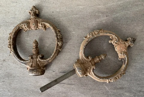 Antique Large French Cast Iron Old Chipping Paint Lamp Finials Pair Shabby Chic Cover