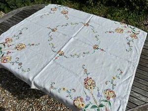 DE COLECCIÓN 1930 mantel de lino marfil marrón/naranja bordado floral 102 x 102cm - Imagen 1 de 11
