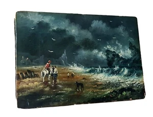 ANTIQUE ORIGINAL MINIATURE OIL PAINTING STORMY SEA SCENE - Picture 1 of 12