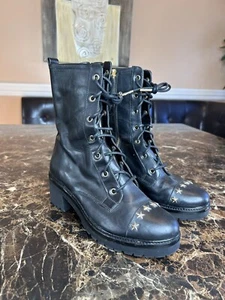 Michael Kors Cody Gold Tone Star Studded Black Leather Combat Boots 7M - Picture 1 of 14