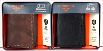 Dockers Mens TRIFOLD LEATHER Wallet - ZIPPER Bill Area ID Brown or Black 🌟NEW🌟 - Image 1 of 4