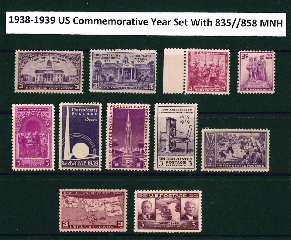 U.S. 1938 & 1939 Commemorative Year Set  # 835 ~ 858 11 MNH Stamps  - Image 1 of 1