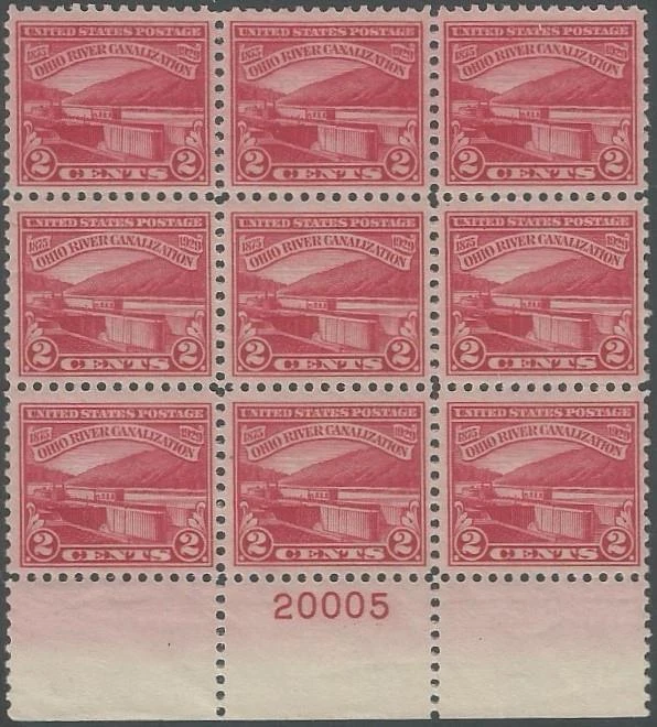 Plate Block of 9 stamps - Scott 681 - 2 cent - Ohio River - 1929 - MNH - Image 1 of 1