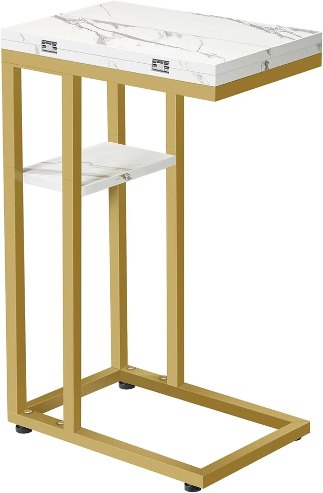 Foldable End Table, Gold C Shaped Side Table with Storage Shelf, Small Snack Tab - Image 1 of 4