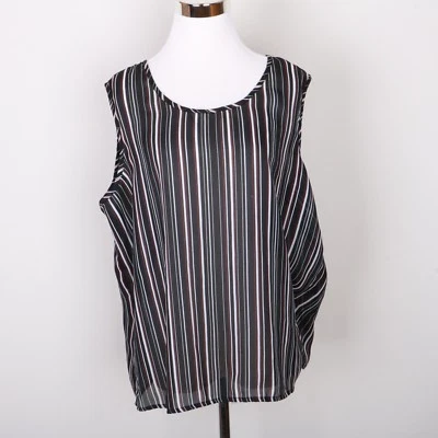 Black Red White Vertical Stripe Sheer Casual Dress Shirt Blouse Women's 18W/20W - Image 1 of 4
