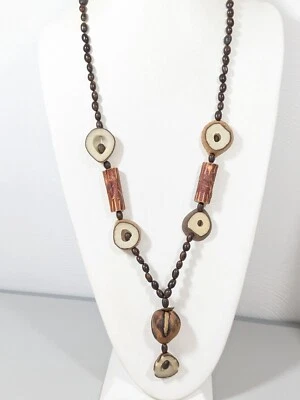 Collar de cuentas de trabajo de semillas de madera estilo tribal costero playa 32 pulgadas Foto 1 de 4