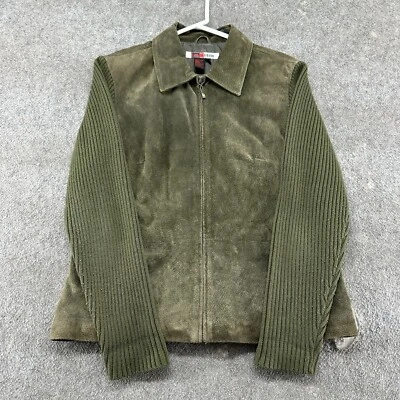 VINTAGE Live A Little Jacket Women L Green Genuine Suede Leather Ribbed Knit 90s - Image 1 of 4