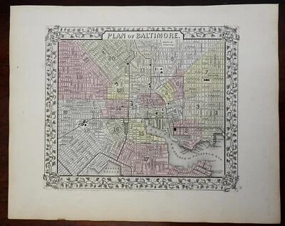 Baltimore Maryland detailed city plan Patapsco River 1866 Mitchell map - Image 1 of 3