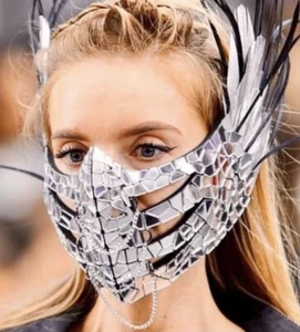 Festival Disco Sparkly Mirror Mask Feather Headwear Rave Burning Man Accessory - Picture 1 of 6