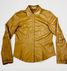 VTG ANNE KLEIN Jacket Women Sz 4 Camel Brown Full Hook Loop Genuine Leather - Picture 1 of 24
