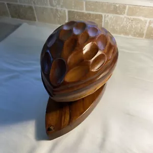 Vintage Wooden Nut Cracker Bowl with Hinged Lid Handcrafted Walnut Shaped Medium - Picture 1 of 8